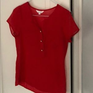 Red sheer short sleeve blouse with pearl buttons